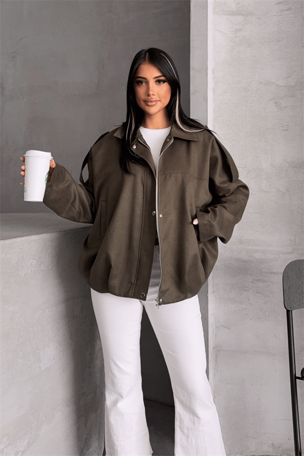 Dokuma Süet Kumaş Apoletli Bomber Ceket - HAKİ YEŞİLİ