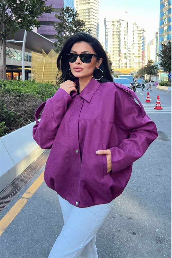 Dokuma Süet Kumaş Apoletli Bomber Ceket - MÜRDÜM