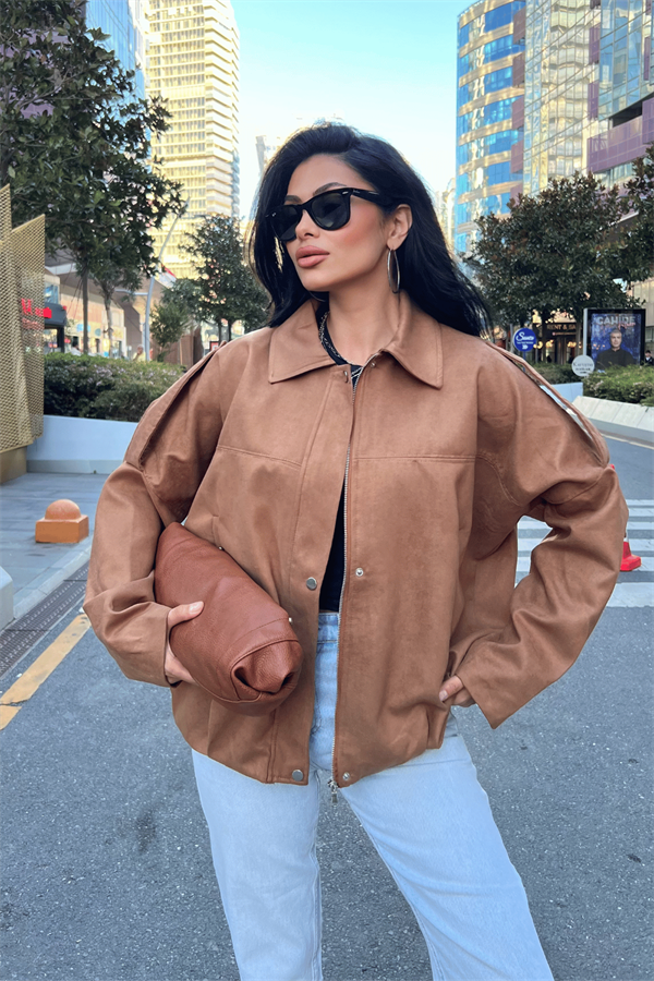 Dokuma Süet Kumaş Apoletli Bomber Ceket - AÇIK KAHVE