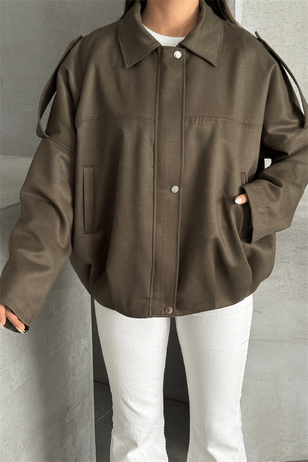 Dokuma Süet Kumaş Apoletli Bomber Ceket - HAKİ YEŞİLİ