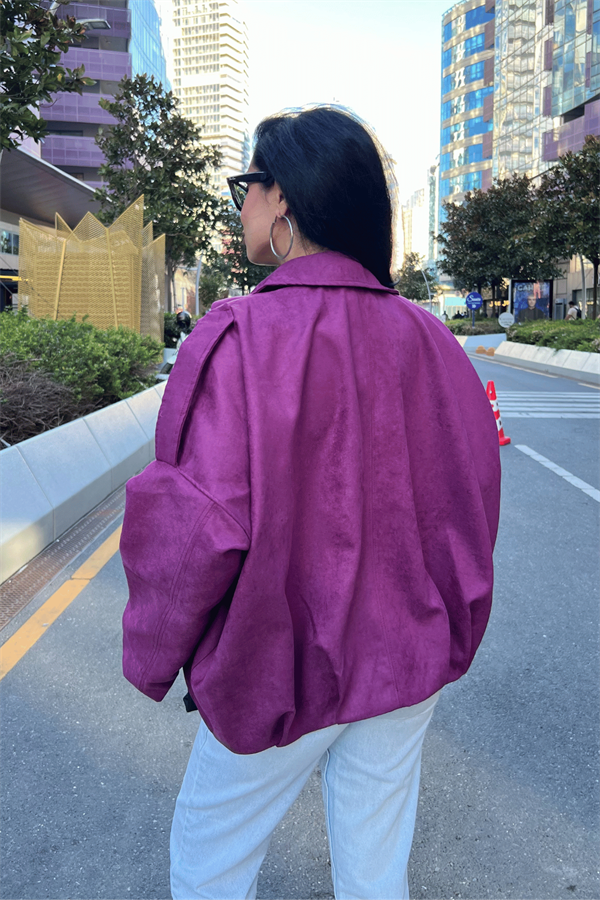 Dokuma Süet Kumaş Apoletli Bomber Ceket - MÜRDÜM