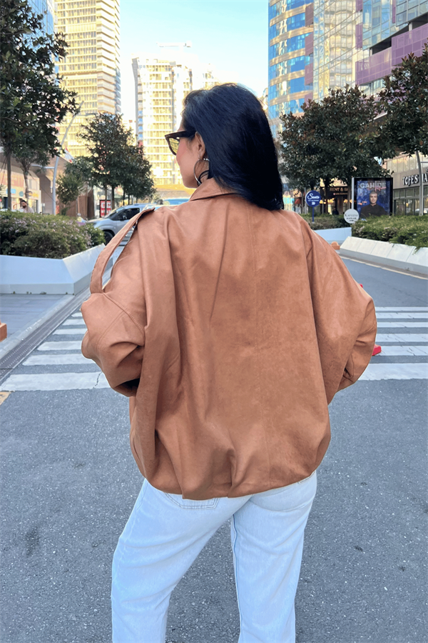 Dokuma Süet Kumaş Apoletli Bomber Ceket - AÇIK KAHVE