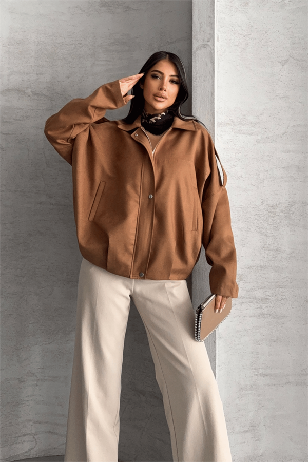 Dokuma Süet Kumaş Apoletli Bomber Ceket - AÇIK KAHVE