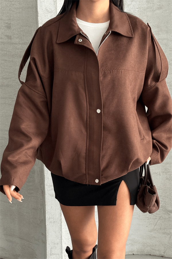 Dokuma Süet Kumaş Apoletli Bomber Ceket - KOYU KAHVE