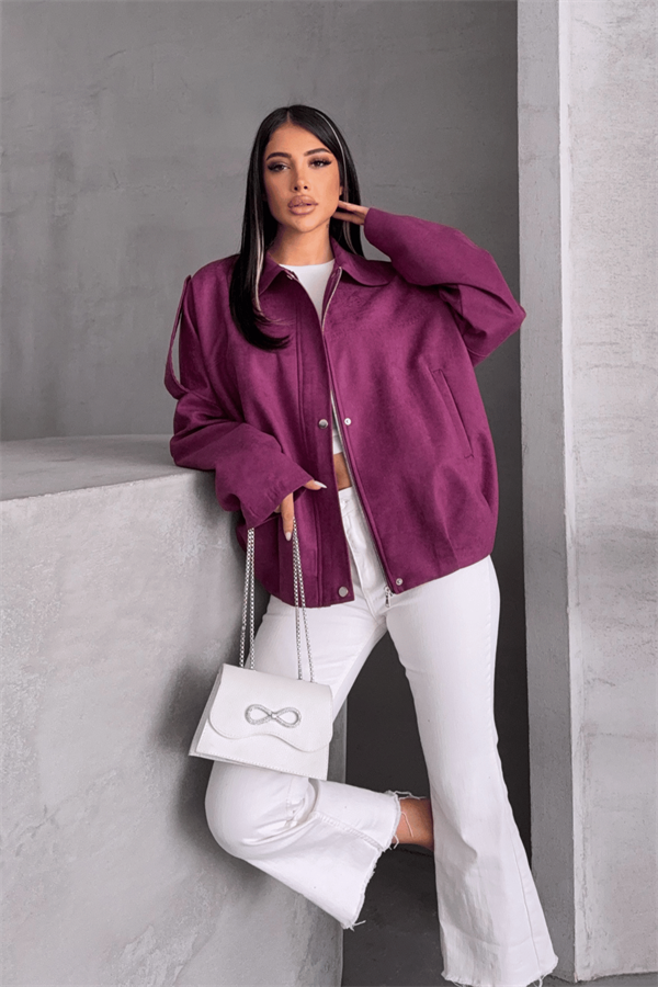 Dokuma Süet Kumaş Apoletli Bomber Ceket - MÜRDÜM