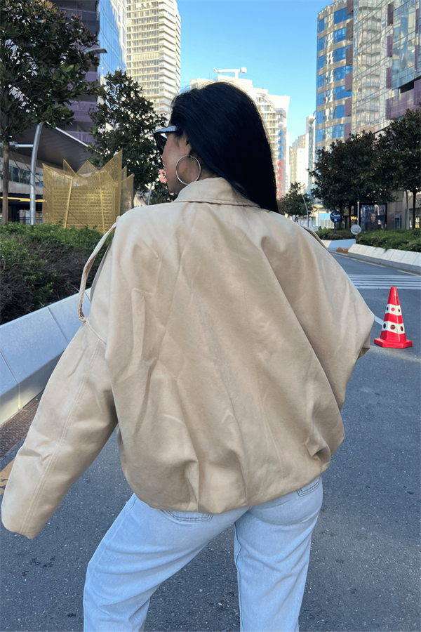 Dokuma Süet Kumaş Apoletli Bomber Ceket - KREM