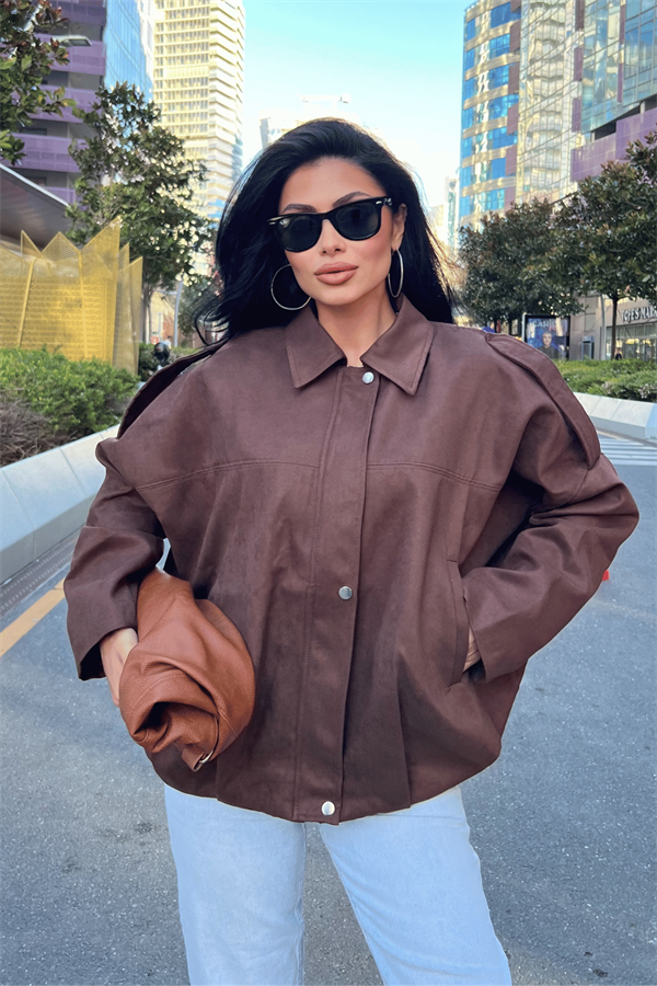 Dokuma Süet Kumaş Apoletli Bomber Ceket - KOYU KAHVE