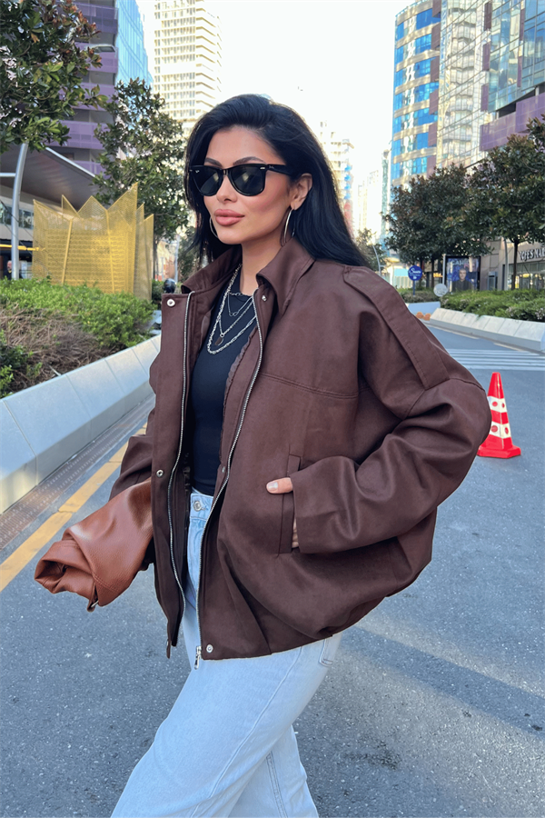 Dokuma Süet Kumaş Apoletli Bomber Ceket - KOYU KAHVE