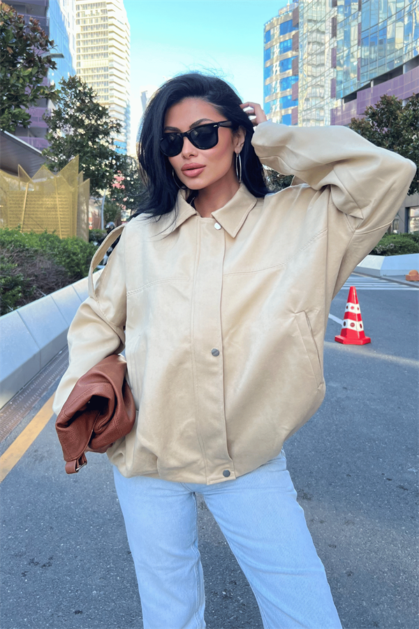 Dokuma Süet Kumaş Apoletli Bomber Ceket - KREM