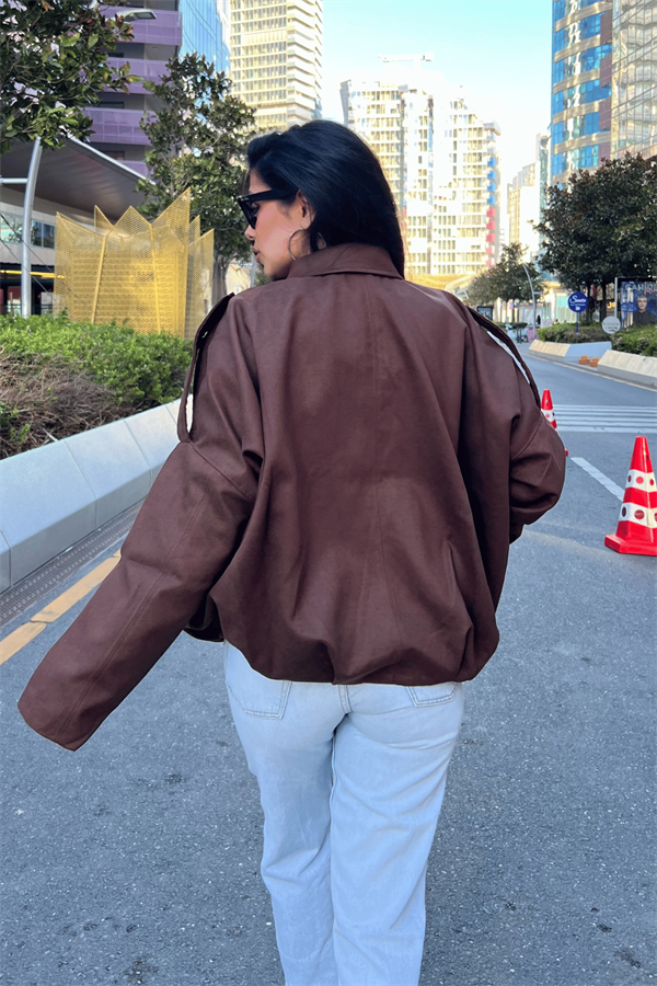 Dokuma Süet Kumaş Apoletli Bomber Ceket - KOYU KAHVE