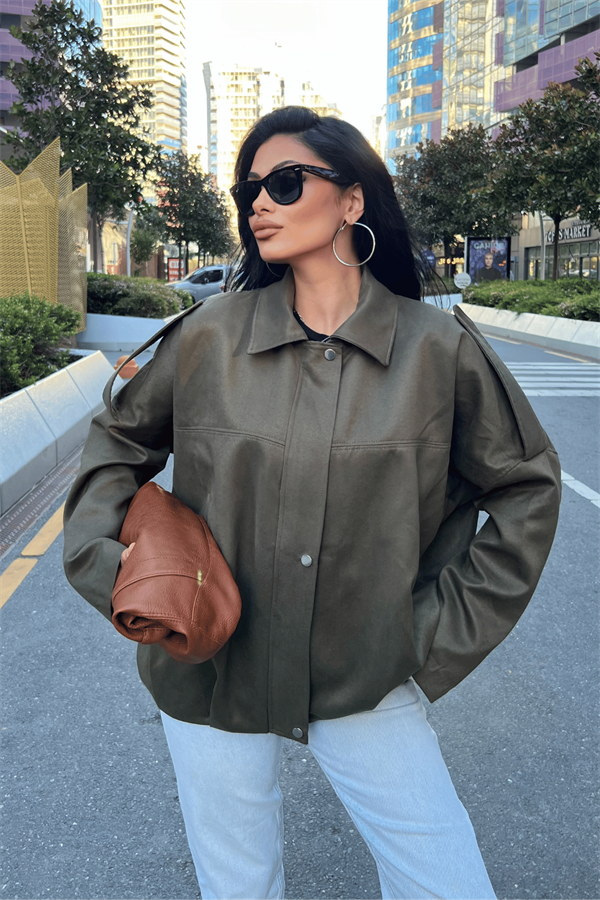 Dokuma Süet Kumaş Apoletli Bomber Ceket - HAKİ YEŞİLİ