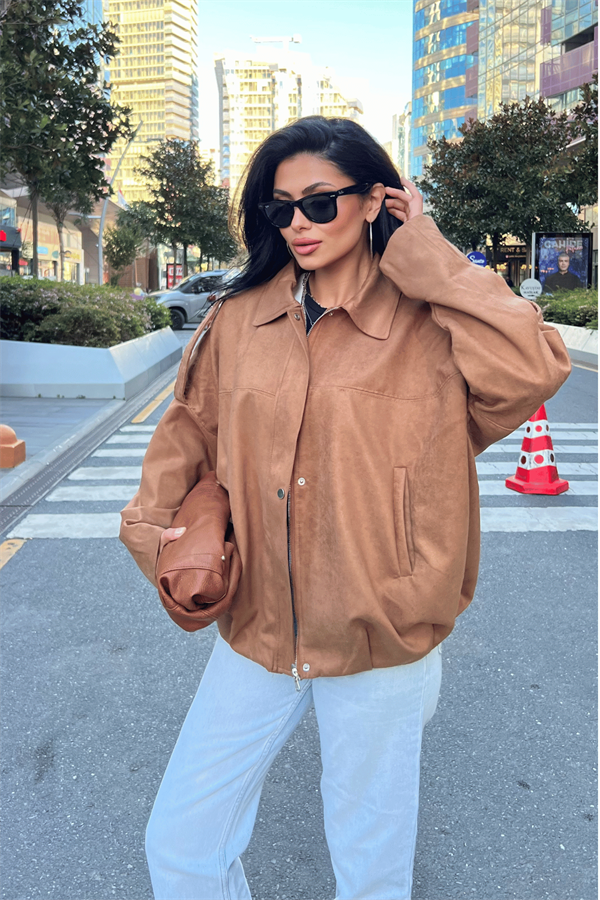 Dokuma Süet Kumaş Apoletli Bomber Ceket - AÇIK KAHVE