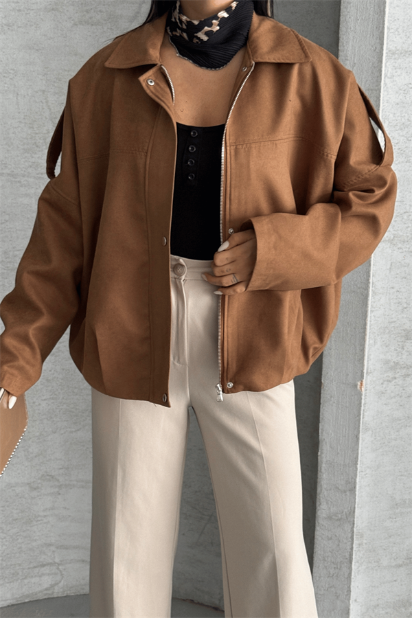 Dokuma Süet Kumaş Apoletli Bomber Ceket - AÇIK KAHVE