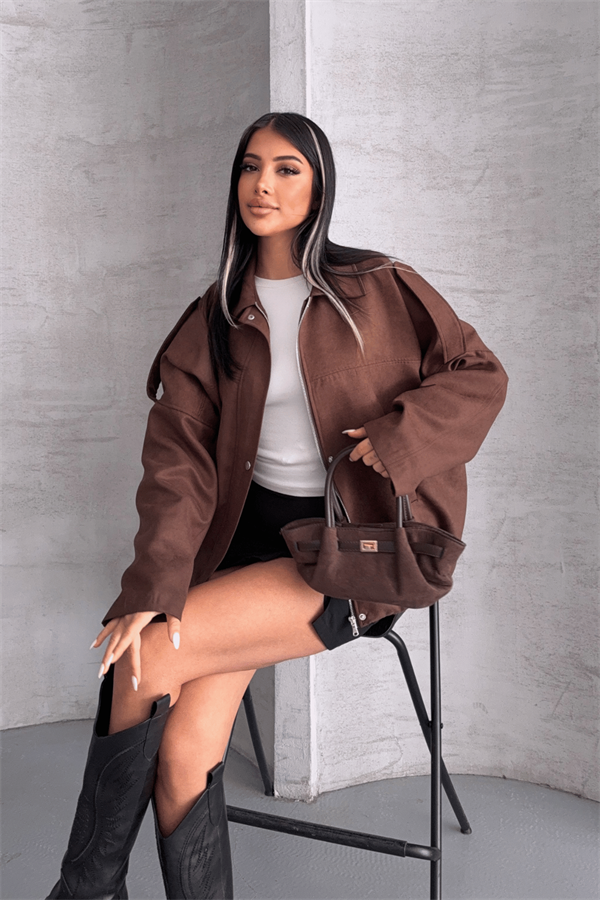 Dokuma Süet Kumaş Apoletli Bomber Ceket - KOYU KAHVE