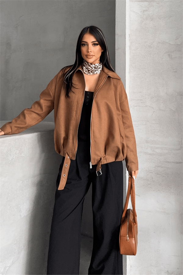 Dokuma Süet Kumaş Bomber Ceket - AÇIK KAHVE