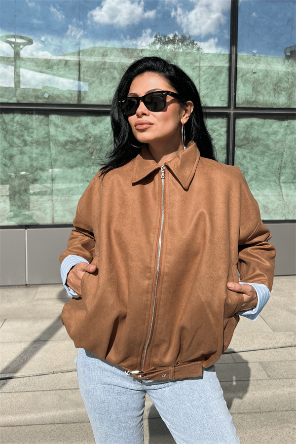 Dokuma Süet Kumaş Bomber Ceket - AÇIK KAHVE