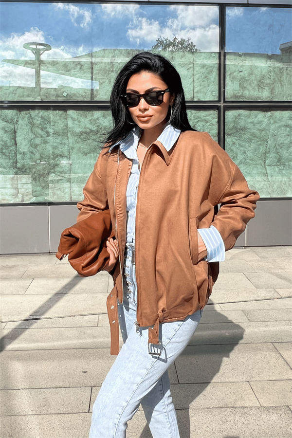 Dokuma Süet Kumaş Bomber Ceket - AÇIK KAHVE