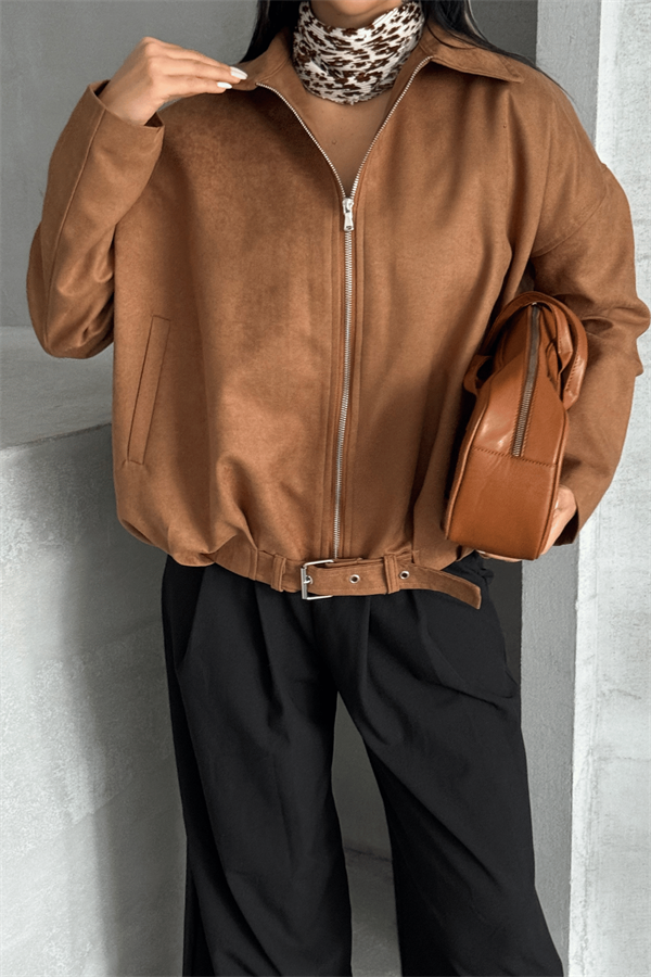 Dokuma Süet Kumaş Bomber Ceket - AÇIK KAHVE