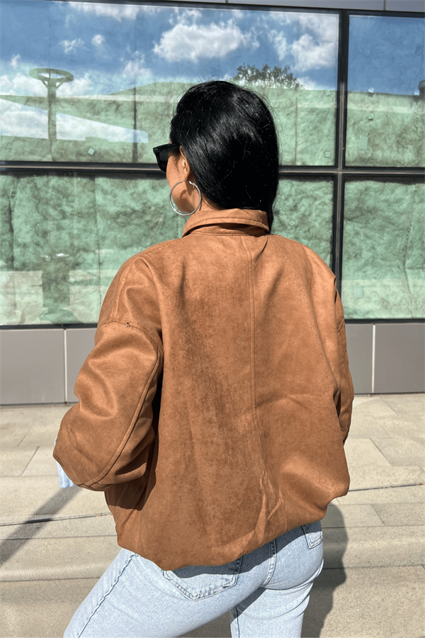 Dokuma Süet Kumaş Bomber Ceket - AÇIK KAHVE