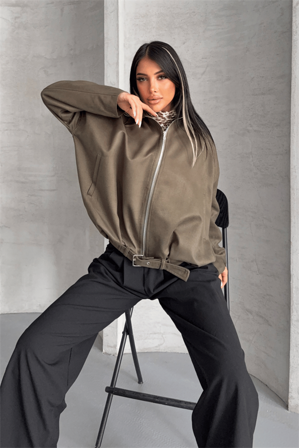 Dokuma Süet Kumaş Bomber Ceket - HAKİ YEŞİLİ