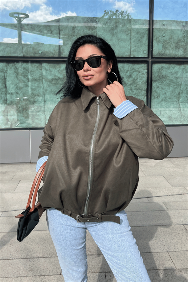 Dokuma Süet Kumaş Bomber Ceket - HAKİ YEŞİLİ