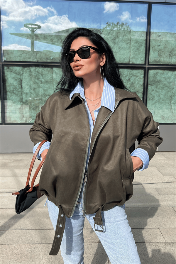 Dokuma Süet Kumaş Bomber Ceket - HAKİ YEŞİLİ