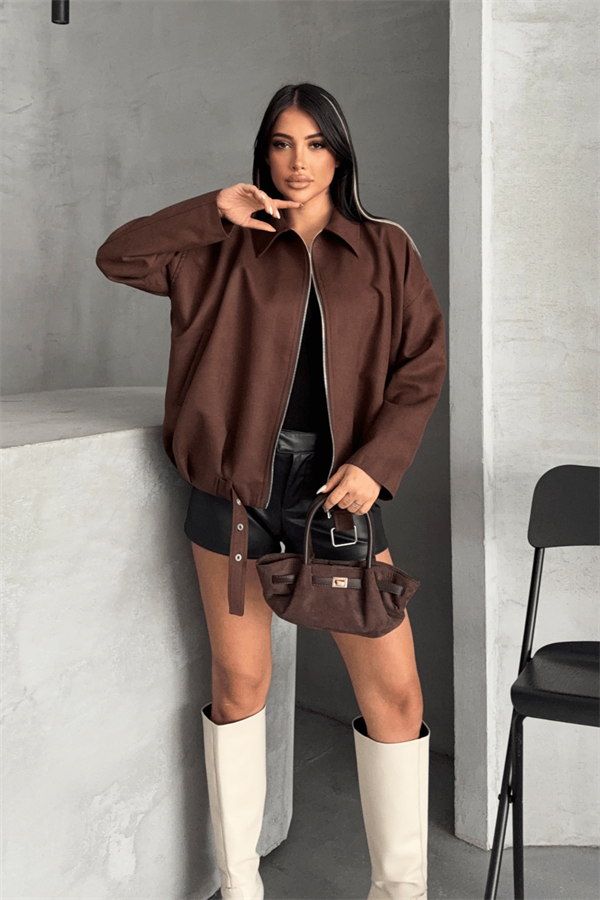 Dokuma Süet Kumaş Bomber Ceket - KOYU KAHVE