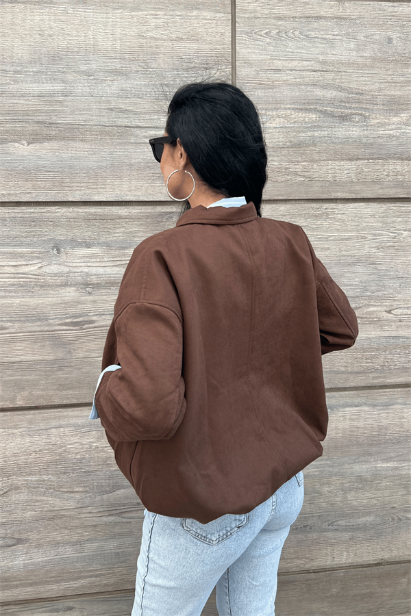 Dokuma Süet Kumaş Bomber Ceket - KOYU KAHVE