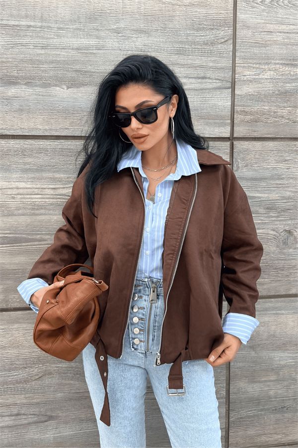Dokuma Süet Kumaş Bomber Ceket - KOYU KAHVE