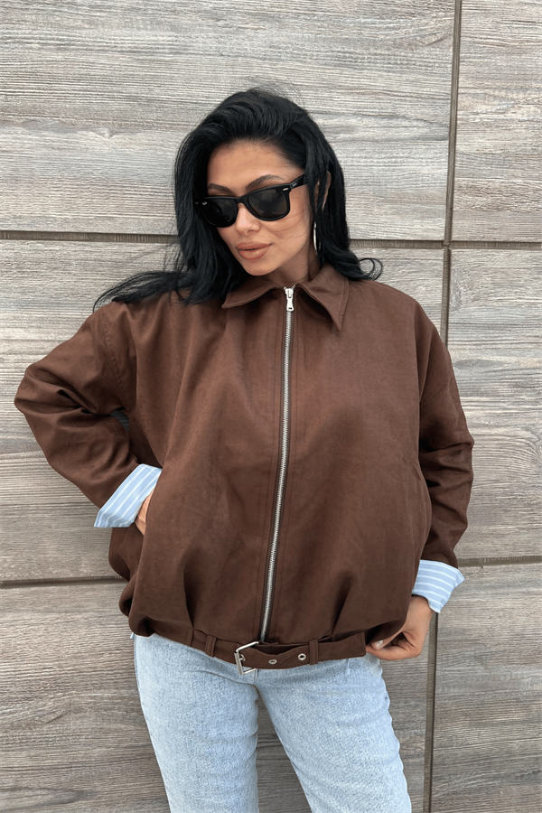 Dokuma Süet Kumaş Bomber Ceket - KOYU KAHVE