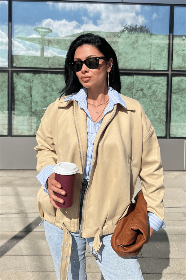 Dokuma Süet Kumaş Bomber Ceket - KREM