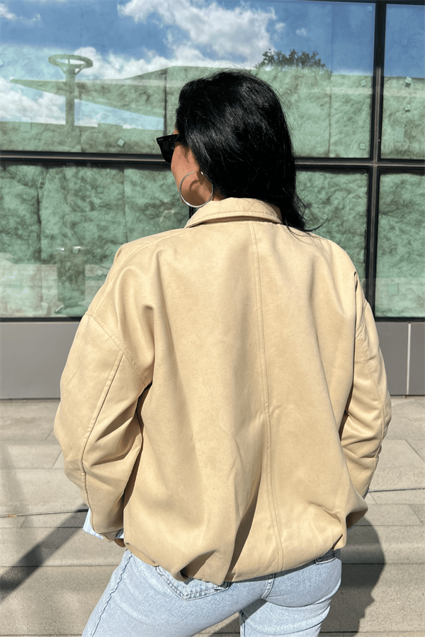 Dokuma Süet Kumaş Bomber Ceket - KREM