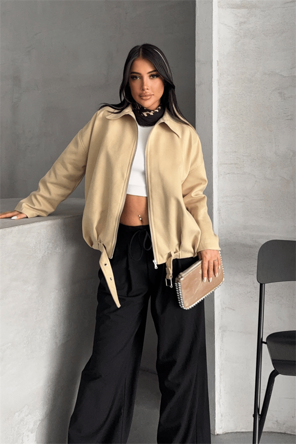 Dokuma Süet Kumaş Bomber Ceket - KREM