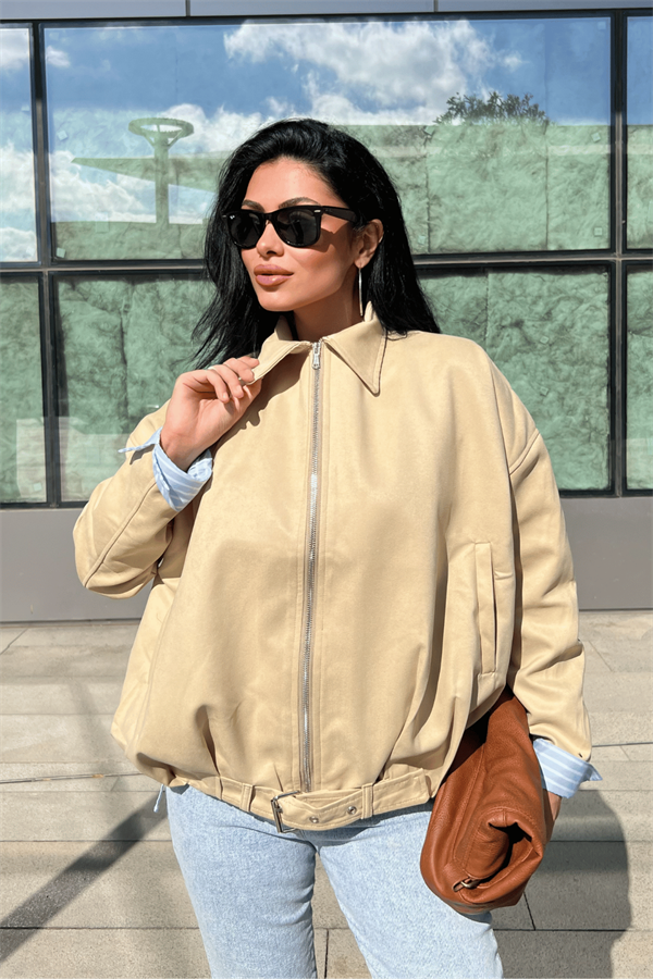 Dokuma Süet Kumaş Bomber Ceket - KREM