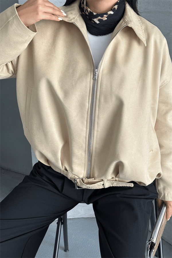 Dokuma Süet Kumaş Bomber Ceket - KREM