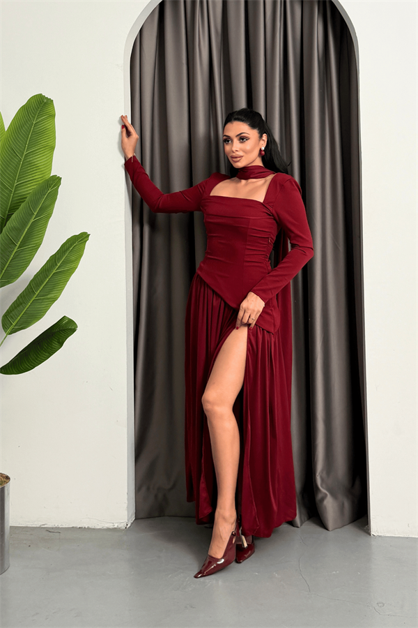 Double Atlas Kumaş Tasarım Elbise - BORDO