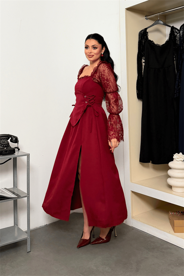 Double Kumaş Atlas Korse Detaylı Elbise - BORDO