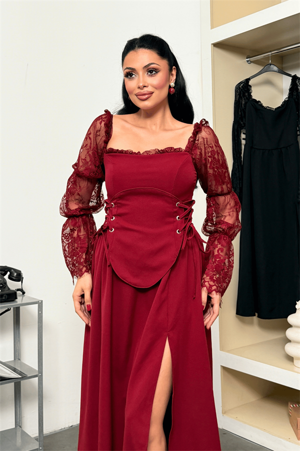 Double Kumaş Atlas Korse Detaylı Elbise - BORDO