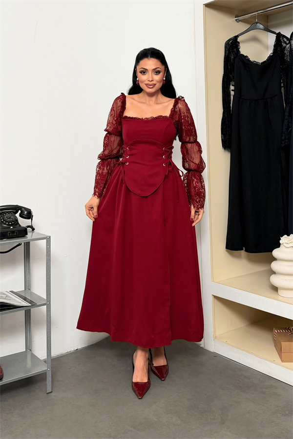 Double Kumaş Atlas Korse Detaylı Elbise - BORDO