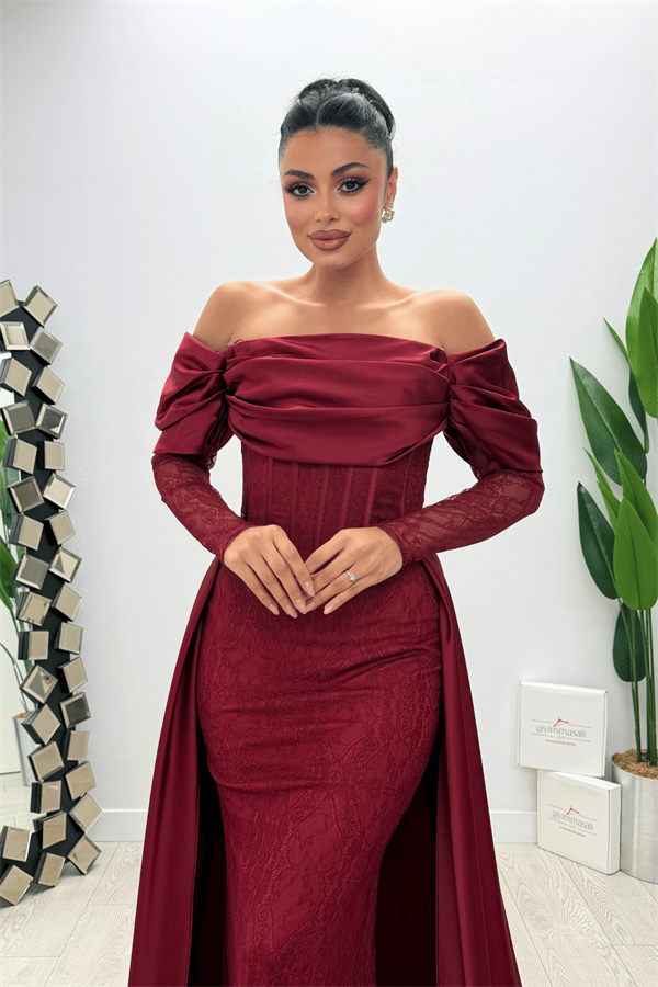 Double Kumaş Balenli Saten Detaylı Abiye Elbise - BORDO