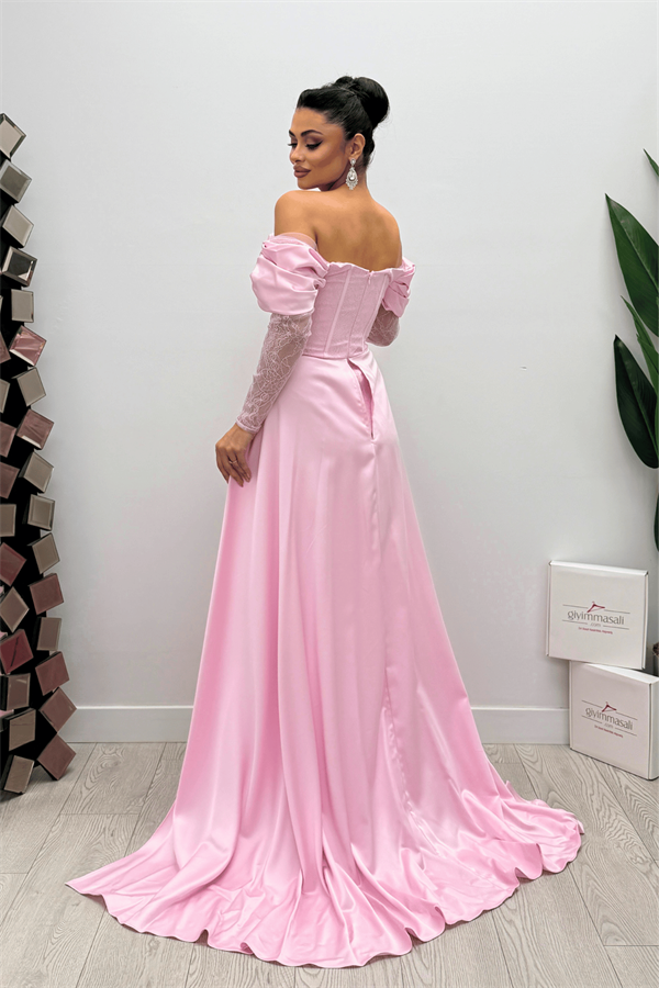 Double Kumaş Balenli Saten Detaylı Abiye Elbise - PEMBE