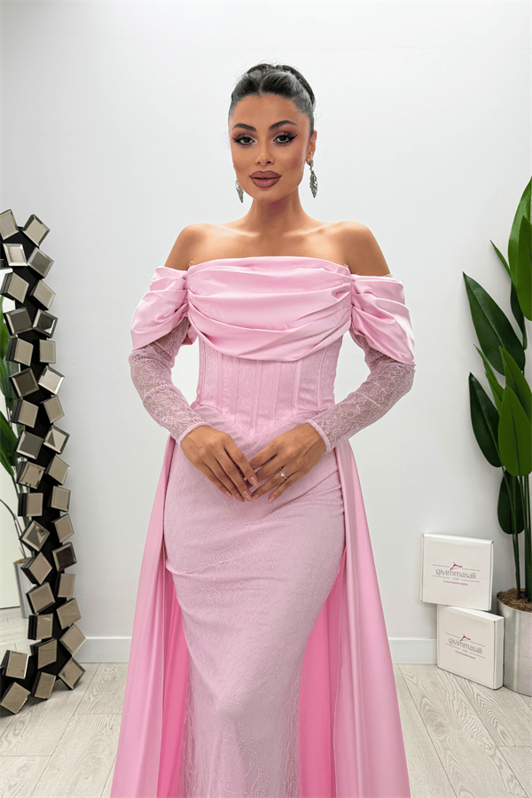 Double Kumaş Balenli Saten Detaylı Abiye Elbise - PEMBE