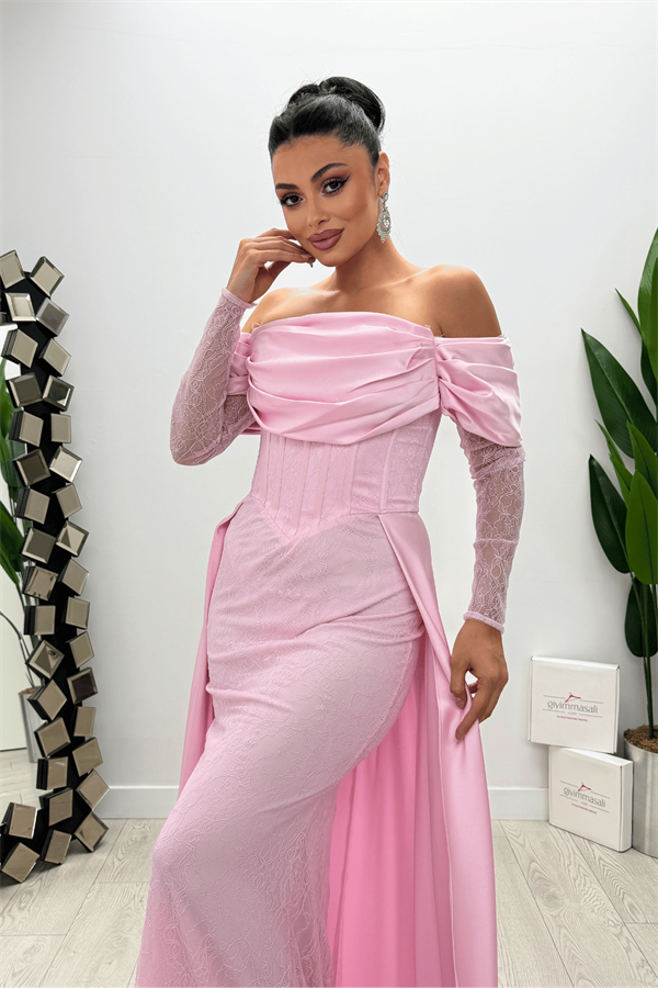 Double Kumaş Balenli Saten Detaylı Abiye Elbise - PEMBE