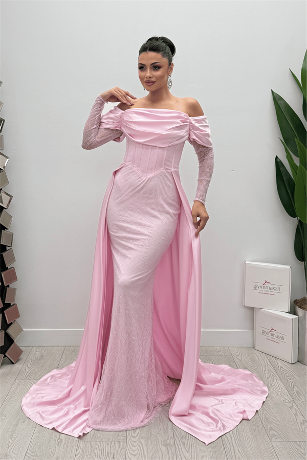 Double Kumaş Balenli Saten Detaylı Abiye Elbise - PEMBE