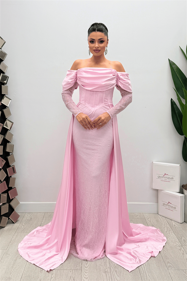 Double Kumaş Balenli Saten Detaylı Abiye Elbise - PEMBE