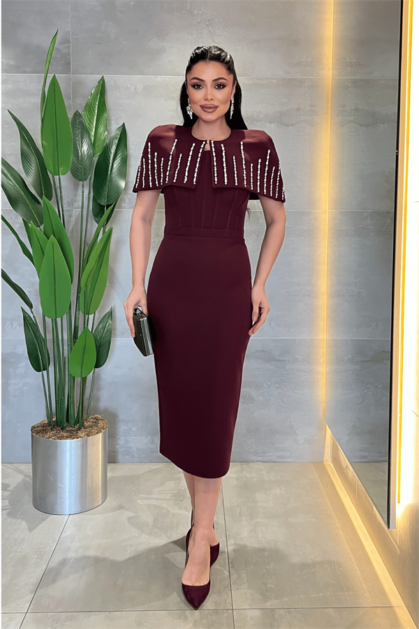 Double Kumaş Bolero Detaylı Kalem Elbise - VİŞNE