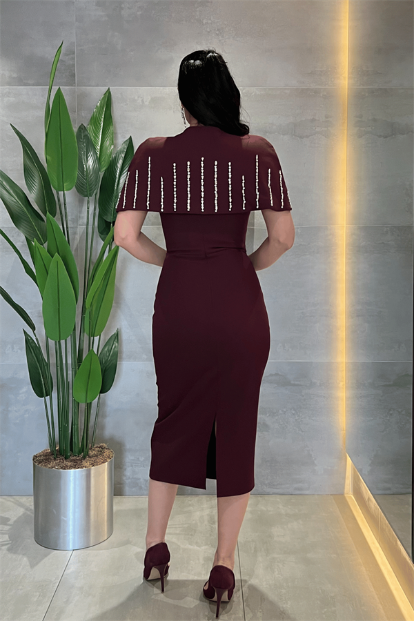 Double Kumaş Bolero Detaylı Kalem Elbise - VİŞNE