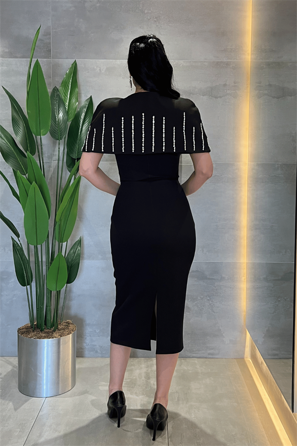 Double Kumaş Bolero Detaylı Kalem Elbise - SİYAH