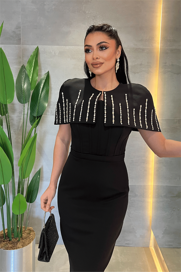Double Kumaş Bolero Detaylı Kalem Elbise - SİYAH