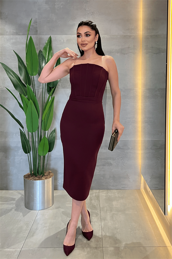 Double Kumaş Bolero Detaylı Kalem Elbise - VİŞNE